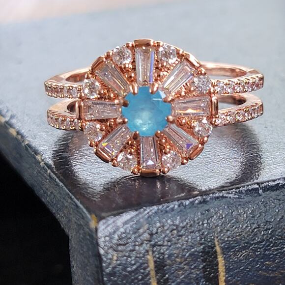 Rose Gold Plated Eternity Ring with Blue Gemstones - Size 10 - Picture 6 of 10